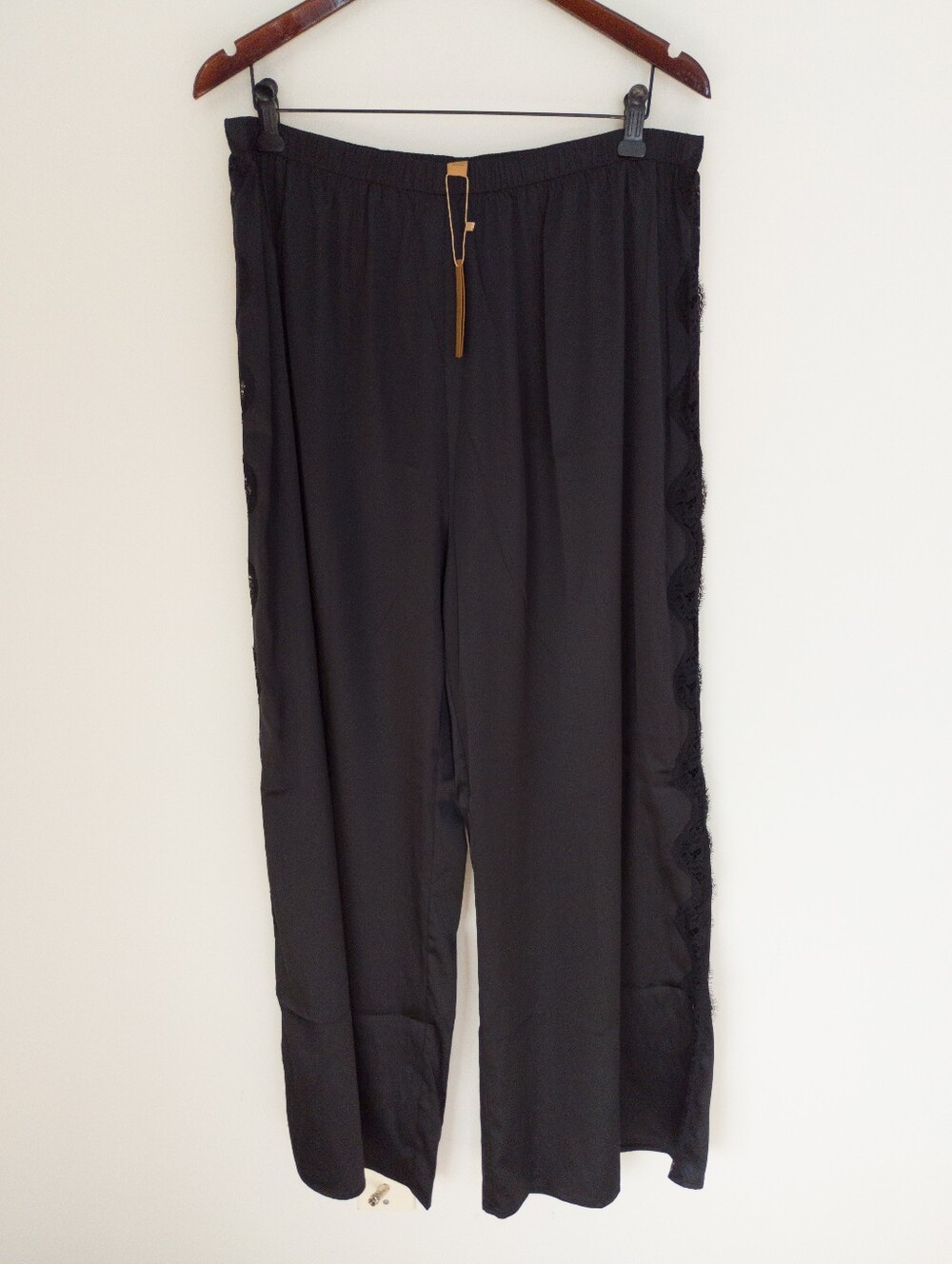 Shapellx Bare Essentials Black Satin Lace Trim Wide Leg Pajama Pants XXL NWT